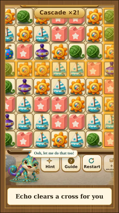 A Toywick level: a board of toy pieces, with Echo the wind-up pet clearing a cross