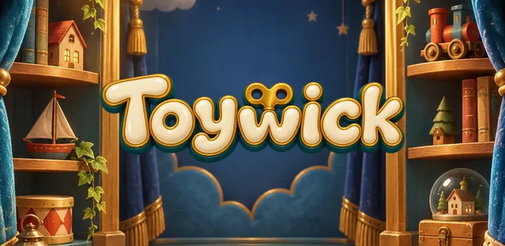 The Toywick logo on a toy-shop stage, with shelves of wooden toys on either side