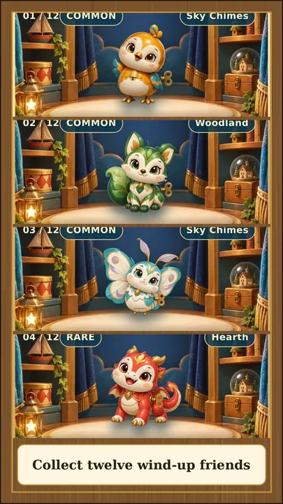 The Toywick pet album showing four wind-up pets on a toy-shop stage